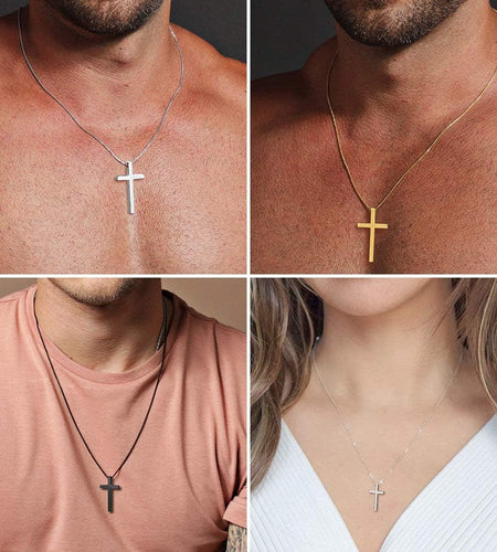 Valentines Gifts for Him Men Teen Boys -Cross Necklace for Men, Silver Black Gold Stainless Steel Plain Cross Pendant Necklace Box Chain 16-30 Inch
