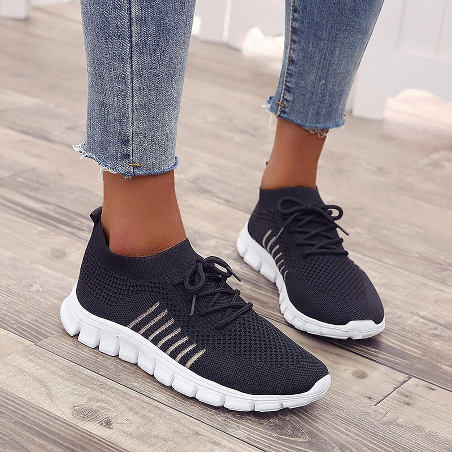 Black Running Shoes Women Womens Fashion Tennis Shoes Lightweight Mesh Running Walking Sneaker Lace-Up Sport Shoes Runing Breathable Shoes Sneakers