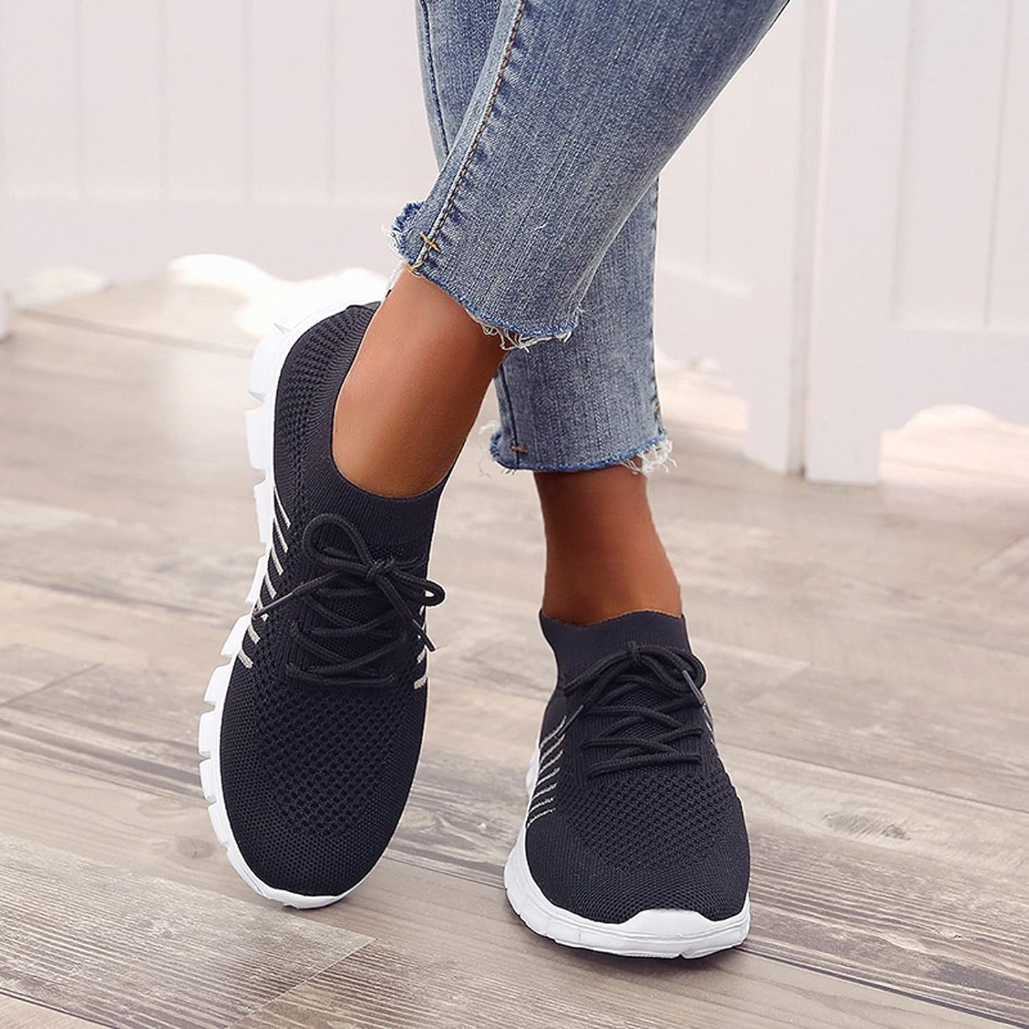 Black Running Shoes Women Womens Fashion Tennis Shoes Lightweight Mesh Running Walking Sneaker Lace-Up Sport Shoes Runing Breathable Shoes Sneakers