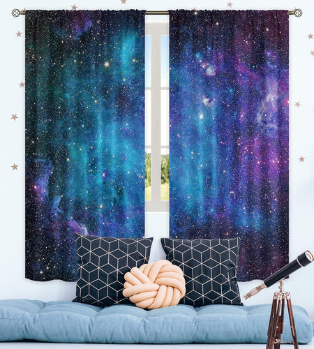 Kids Galaxy Outer Space Nebula Curtains 42W X 63L Inch Rod Pocket Blue Universe Planets Boys Girls Constellation Fantasy Starry Cosmic Trippy Bedroom Living Room Window Drapes Fabric 2 Panels